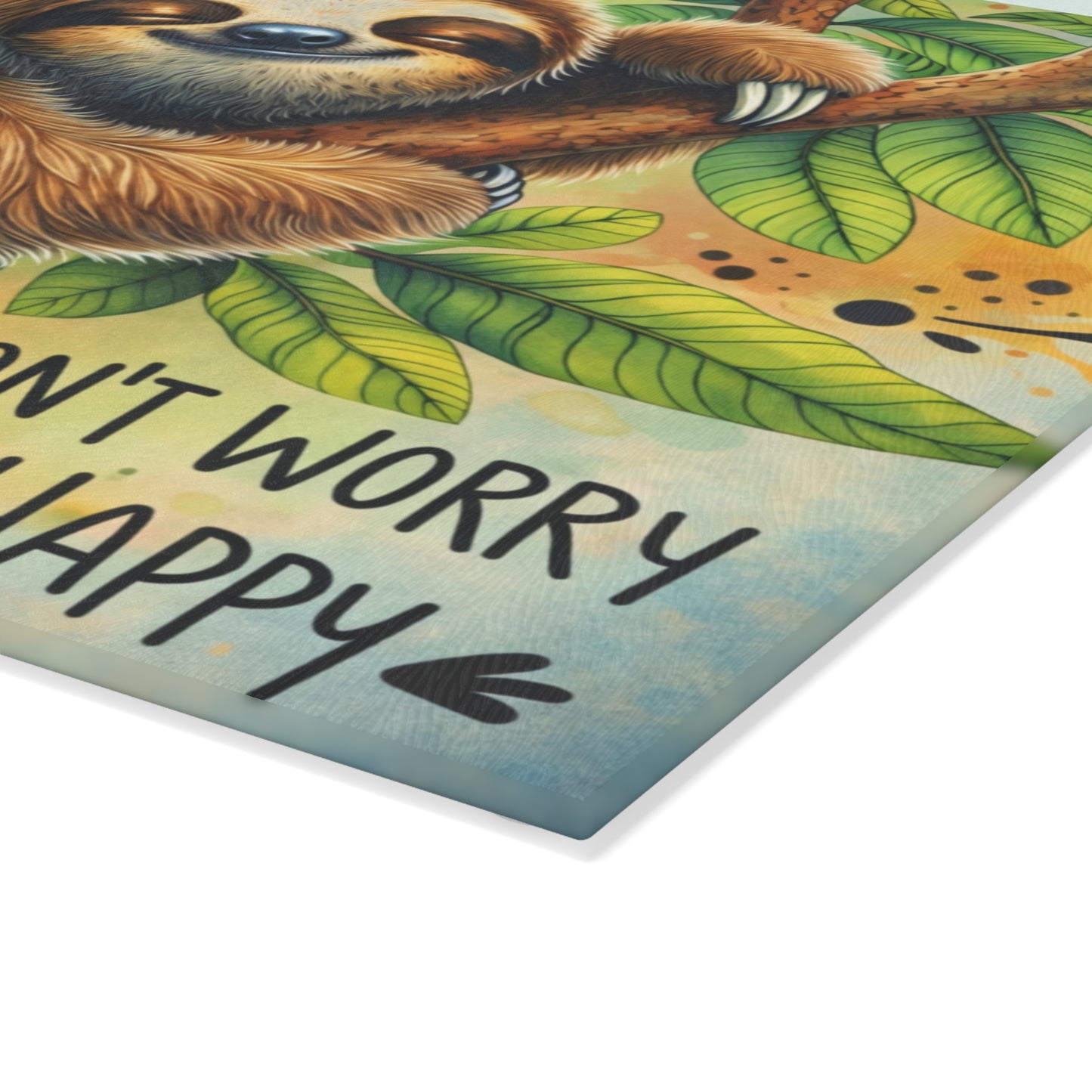 Don’t Worry Be Happy Glass Cutting Board – Whimsical Sloth Artwork