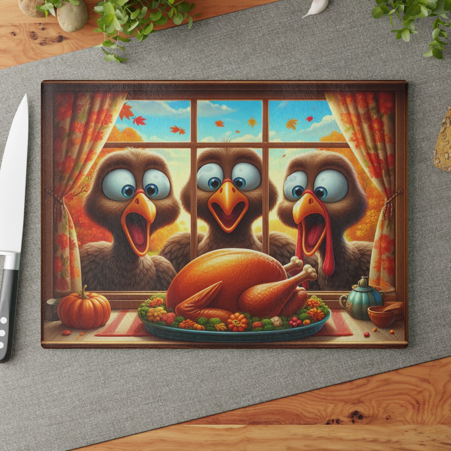 😂🦃 Funny Thanksgiving Turkeys Cutting Board – Gobble Squad at the Window