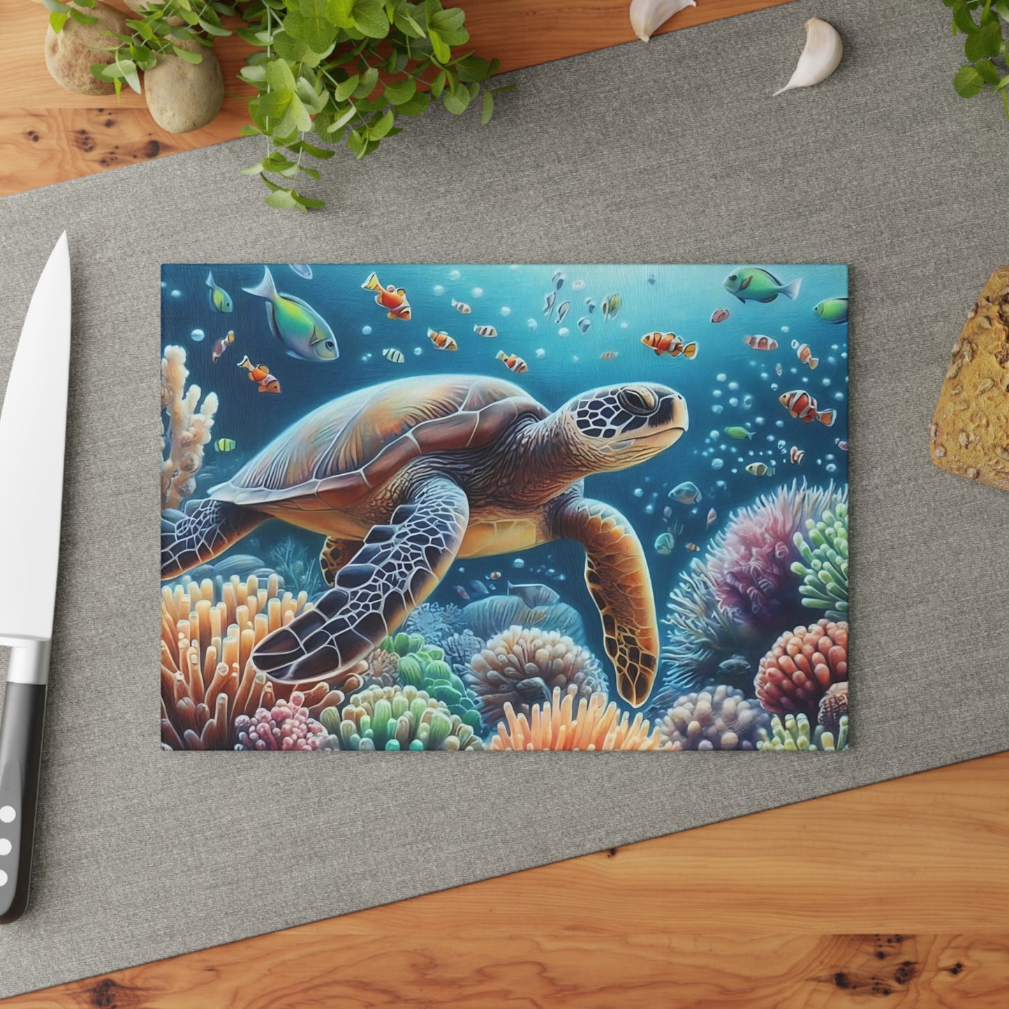 Tabla de cortar con diseño de tortuga marina y arrecife de coral: belleza oceánica serena para tu cocina