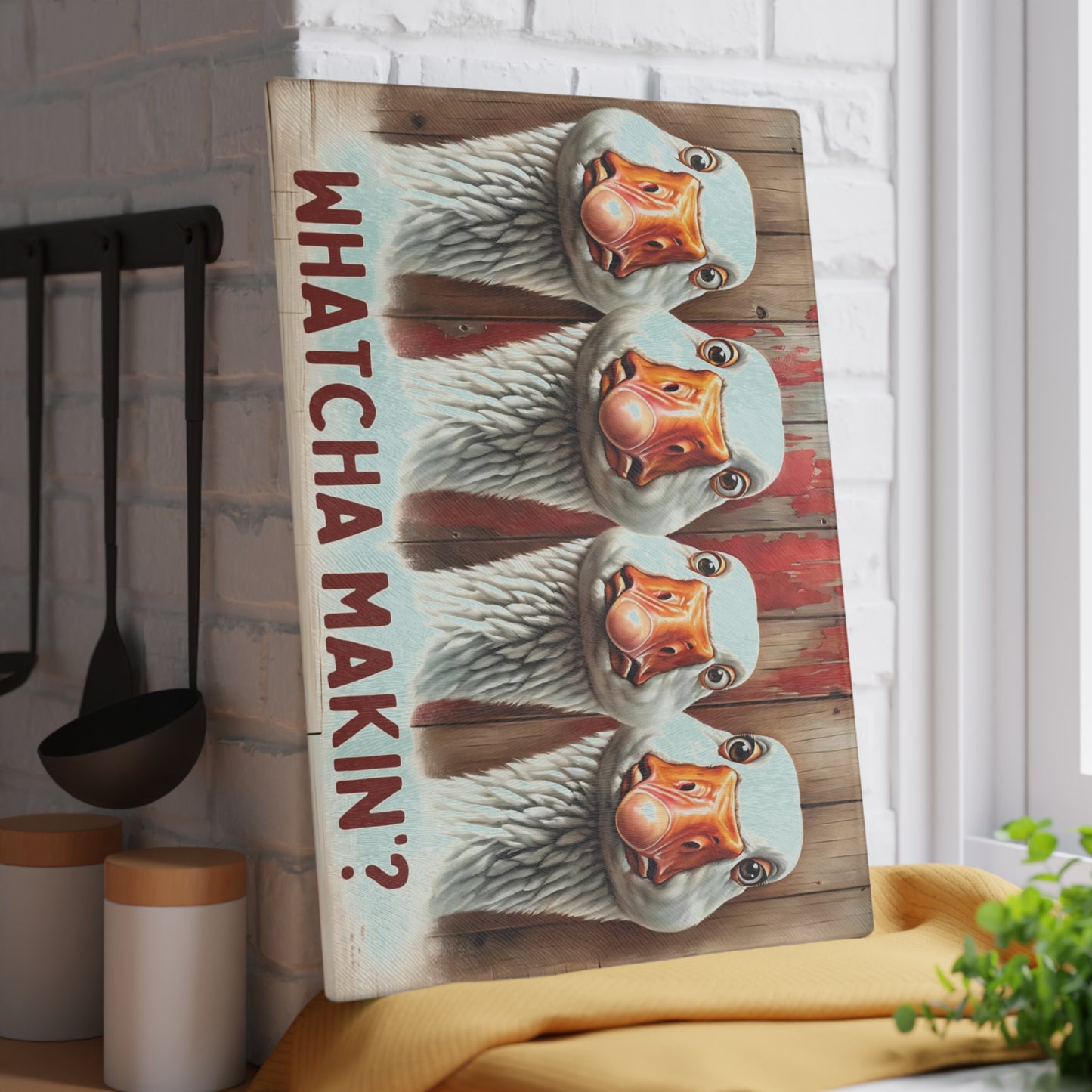 🪿🤎 “Whatcha Makin’?” Glass Cutting Board – Cozy Charm for Your Kitchen