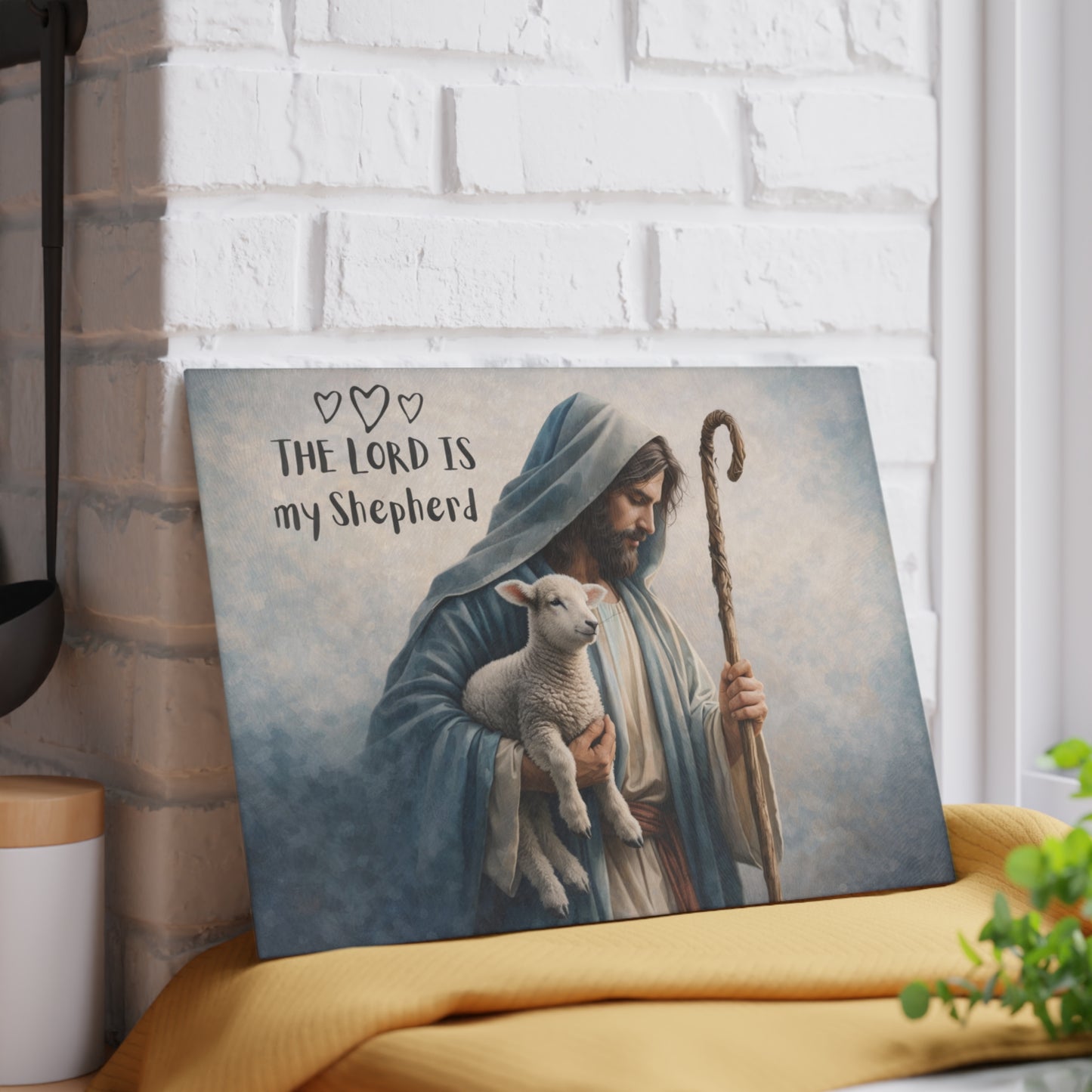 The Lord Is My Shepherd Glass Cutting Board – Faith-Inspired Lamb & Shepherd Artwork