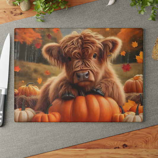🍂🐮 Autumn Highland Calf Cutting Board – Rustic Fall Kitchen Décor with Pumpkins & Falling Leaves 🎃🍁