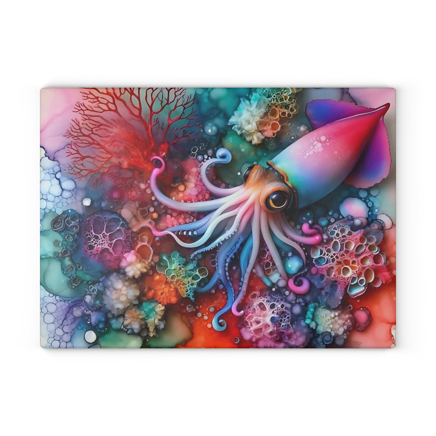 Tabla de cortar de vidrio con diseño de calamar en acuarela: arte submarino vibrante para exhibiciones de cocina llamativas