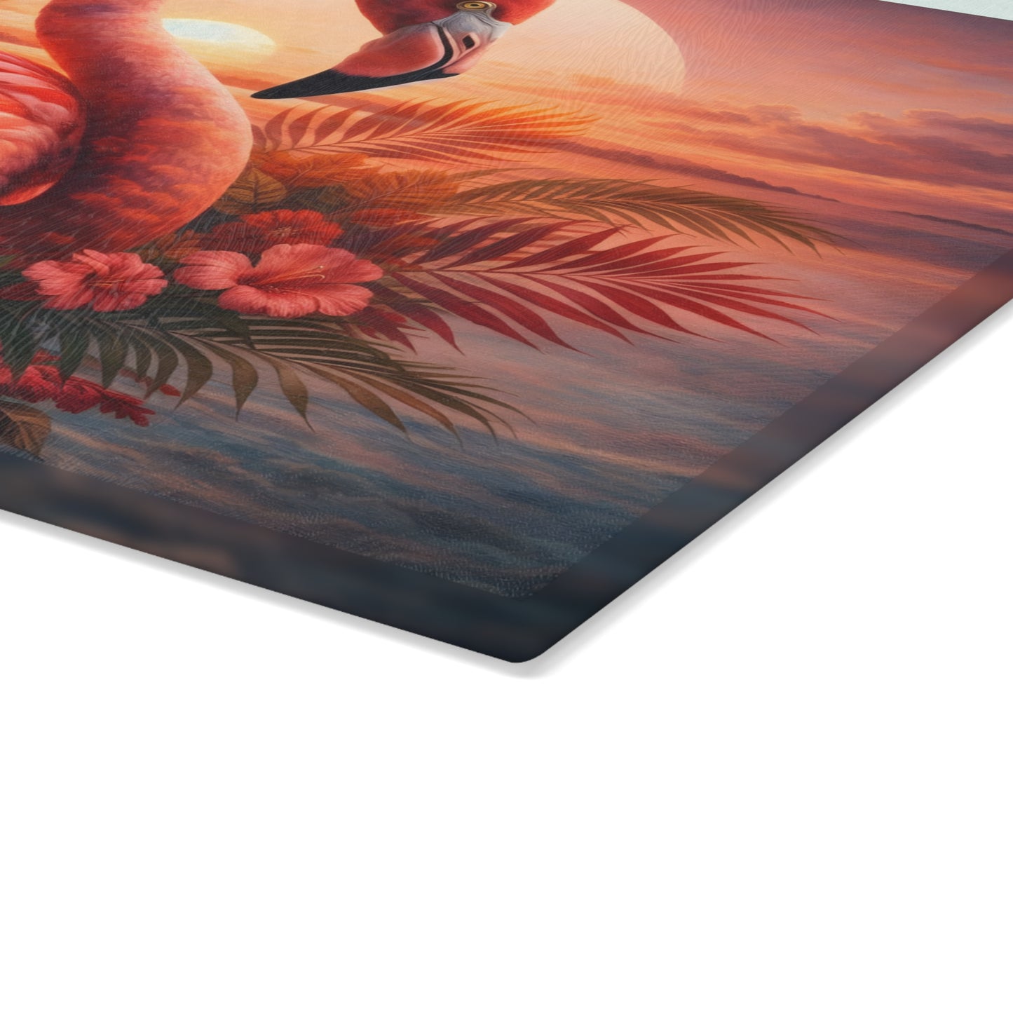 Flamingo Sunset Glass Cutting Board – Tropical Coastal Art Kitchen Display