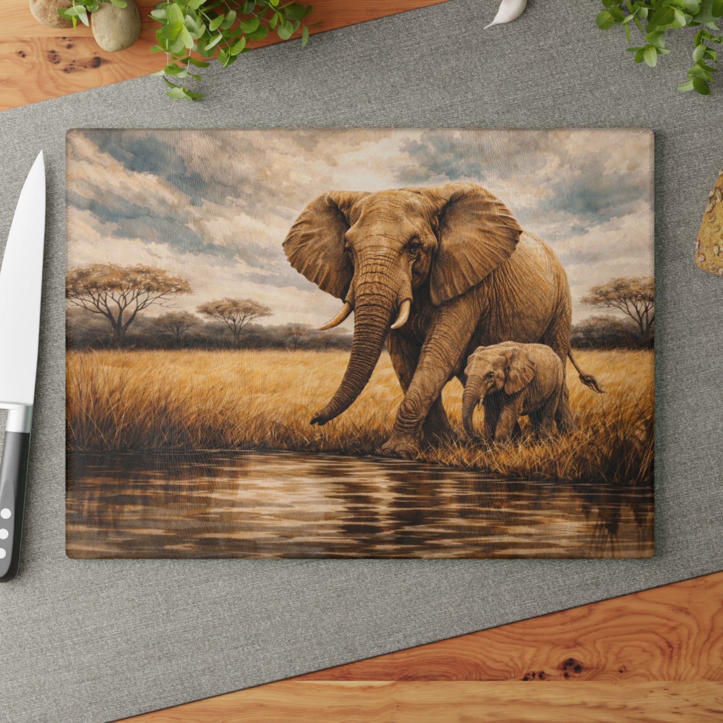 Safari Elephant and Calf Glass Cutting Board – African Wildlife Savanna Artwork