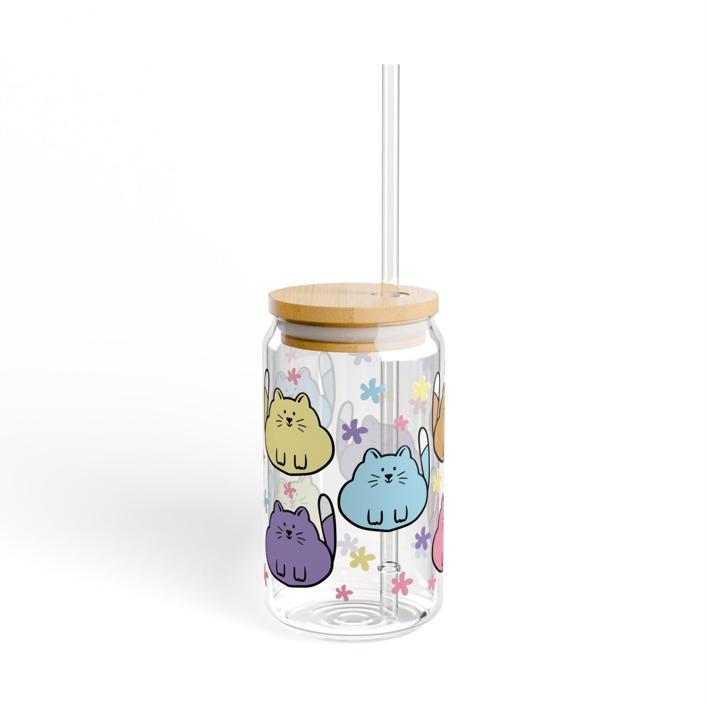 😸🌼 Colorful Cartoon Cat Sipper Glass – Whimsical 16oz Fun for Every Sip 🥤