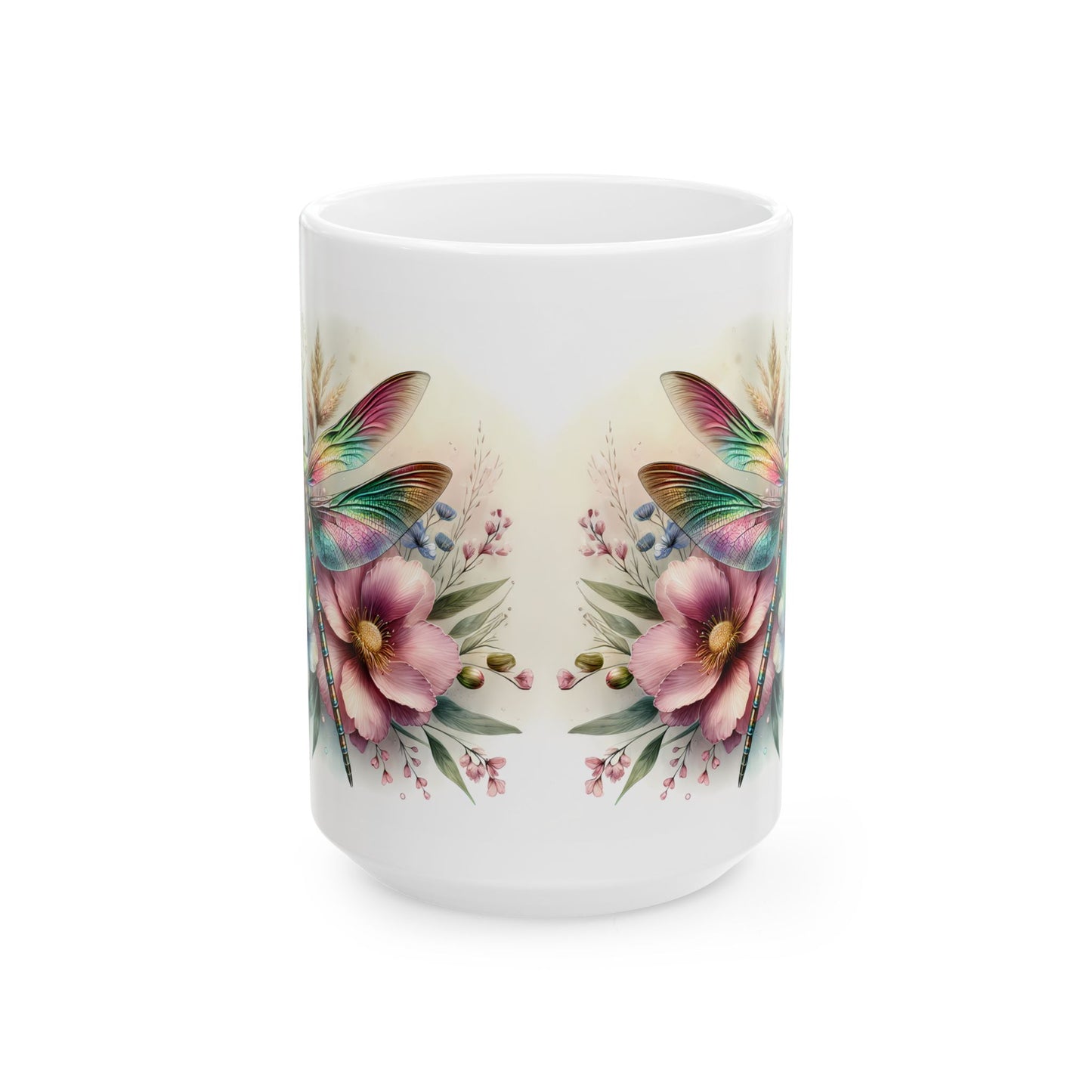🌈 Magia del Jardín Arcoíris – Envoltorio para Taza de Café con Libélula Vibrante ☕