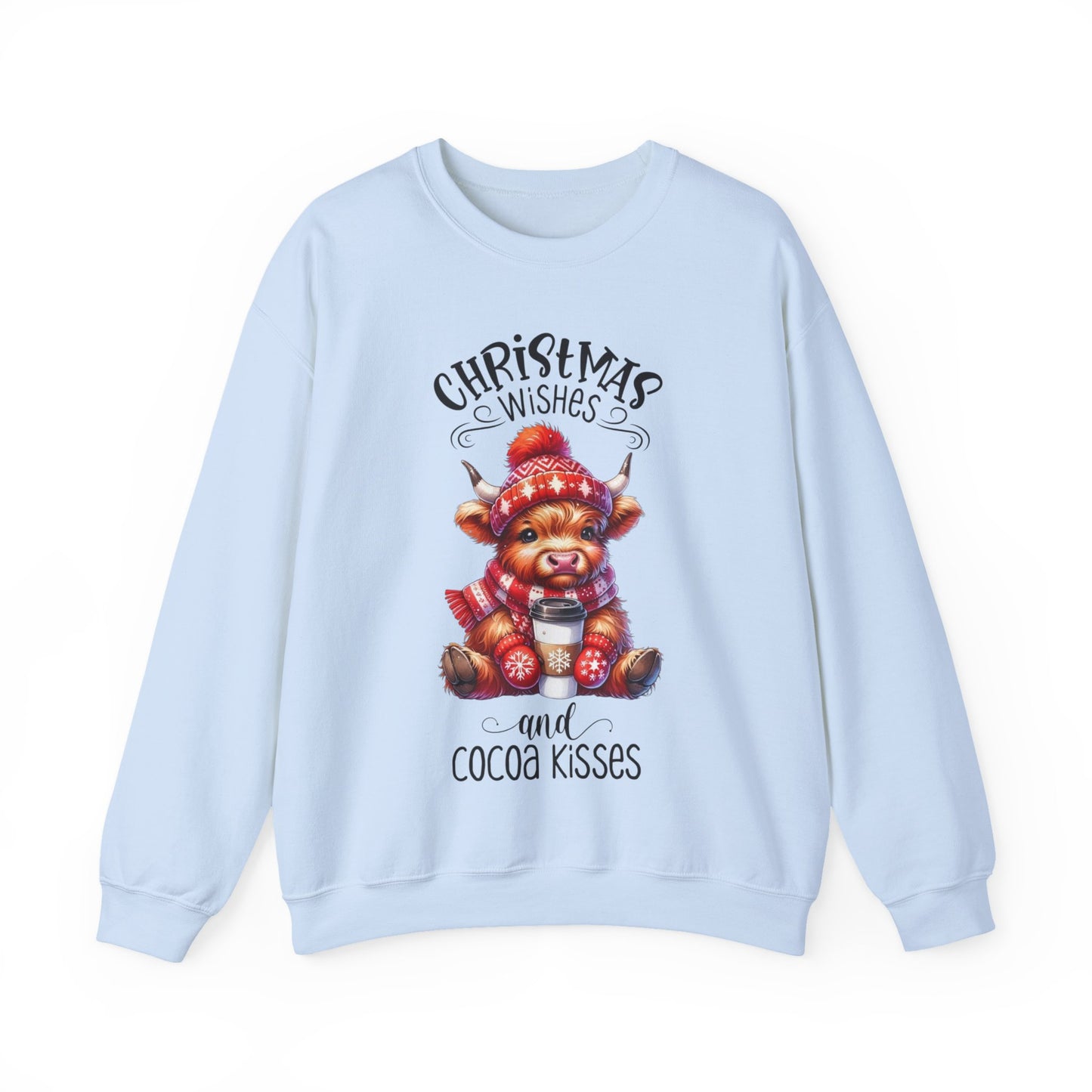 🎄☕🐮 Christmas Wishes and Cocoa Kisses Sweatshirt – Cozy Highland Cow Holiday Sweater ❄️❤️