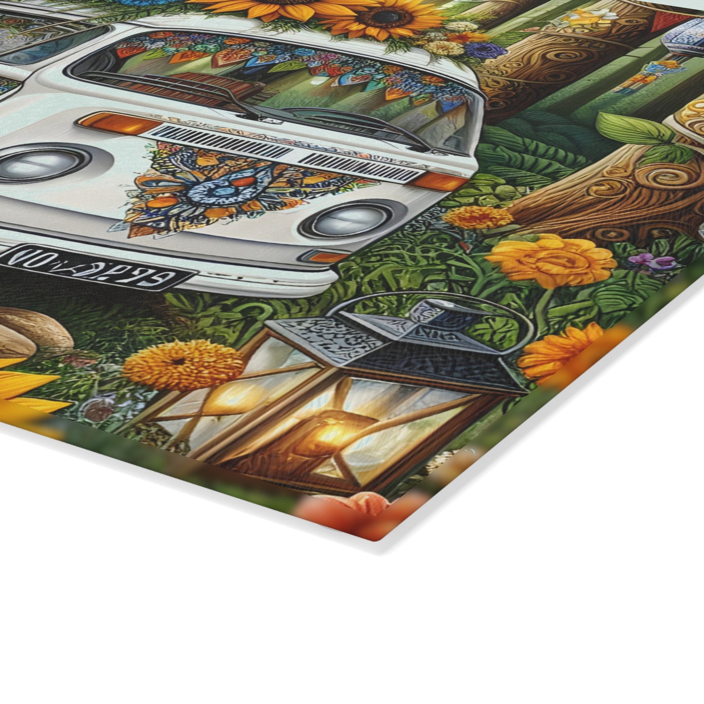 🌻 Boho Sunflower Van Cutting Board – Retro Vibes for Your Kitchen 🌼