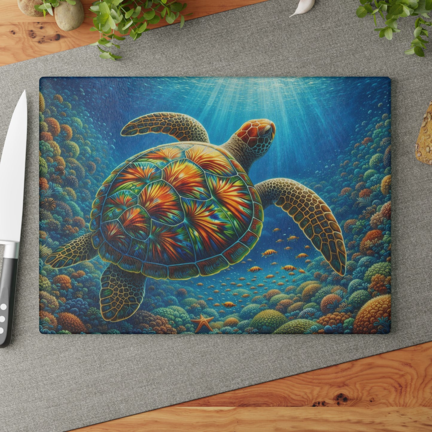 Radiant Sea Turtle Glass Cutting Board – Vibrant Ocean Life Artwork