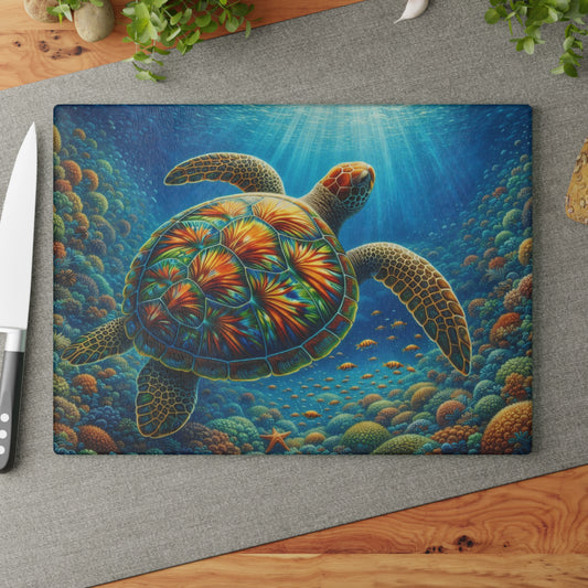 Radiant Sea Turtle Glass Cutting Board – Vibrant Ocean Life Artwork