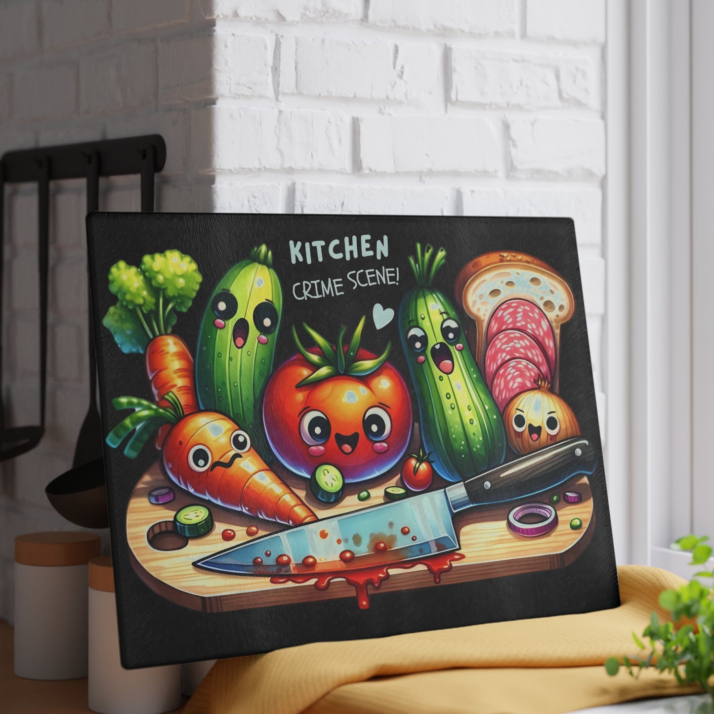 Tabla de cortar de vidrio con temática de escena del crimen en la cocina: verduras, pan y salami que gritan, decoración divertida para la cocina