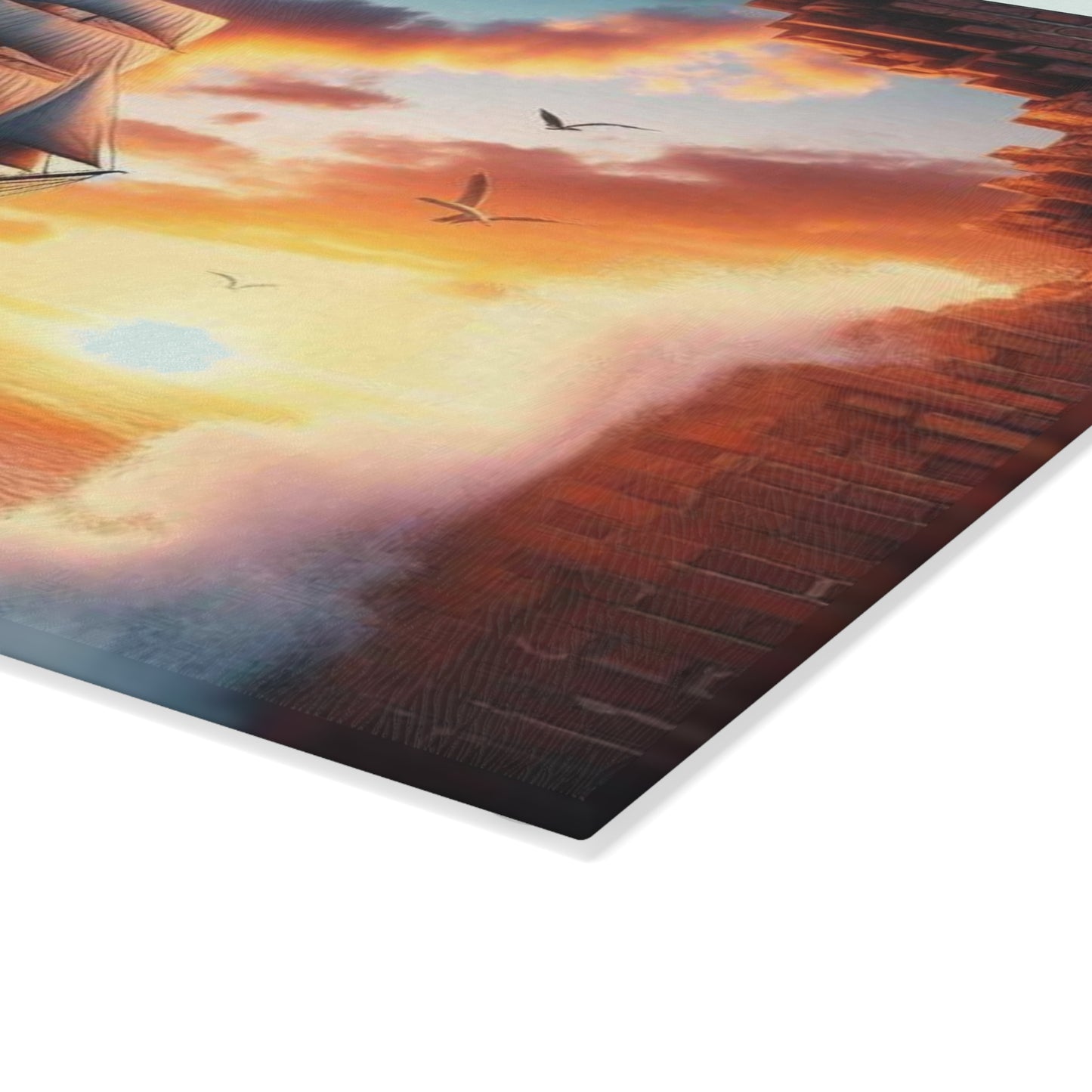 Tabla de cortar de vidrio templado de un majestuoso velero que atraviesa una pared de ladrillos desmoronada