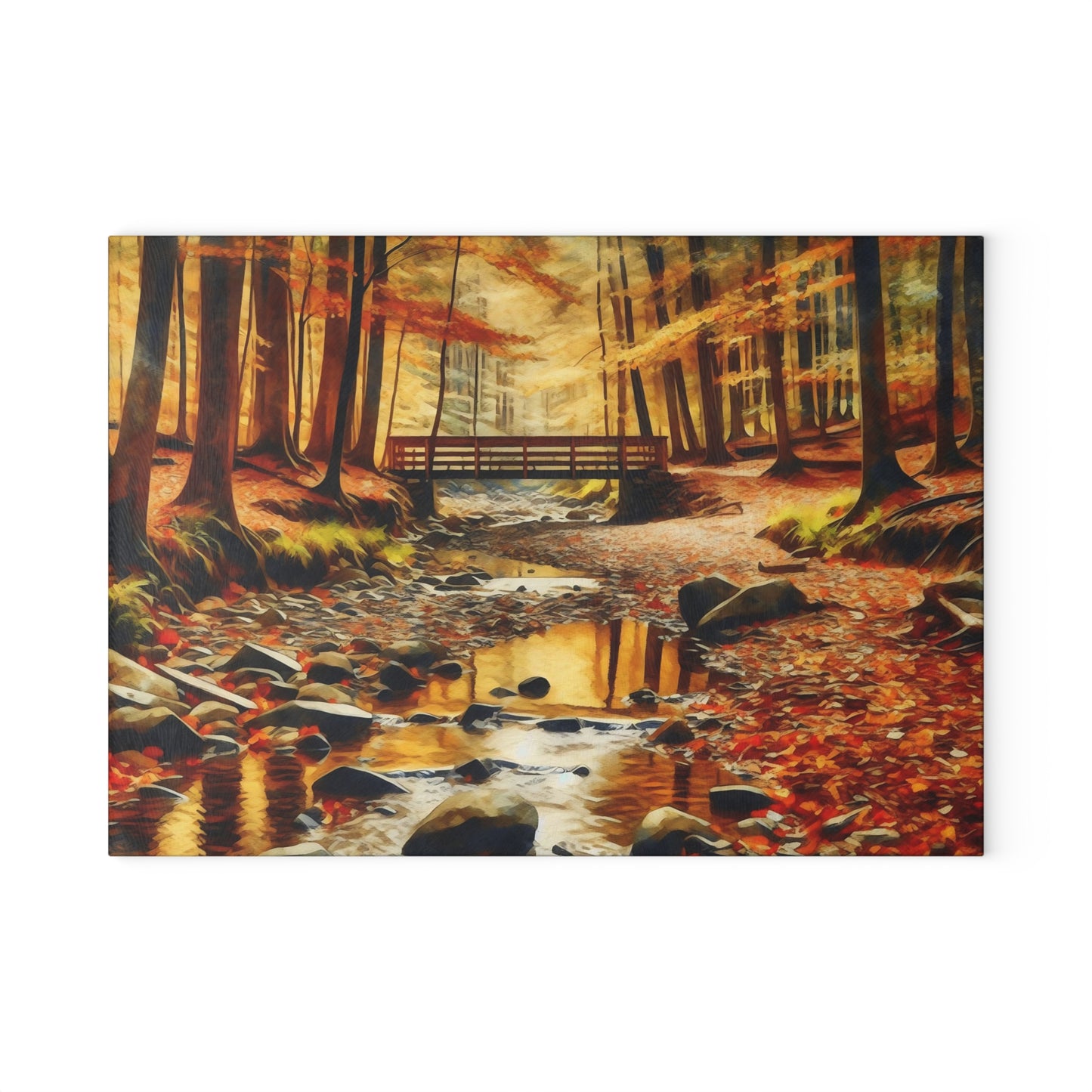 🌉🍁 Autumn Forest Bridge Cutting Board – Tranquil Trails & Fall Reflections for Your Kitchen
