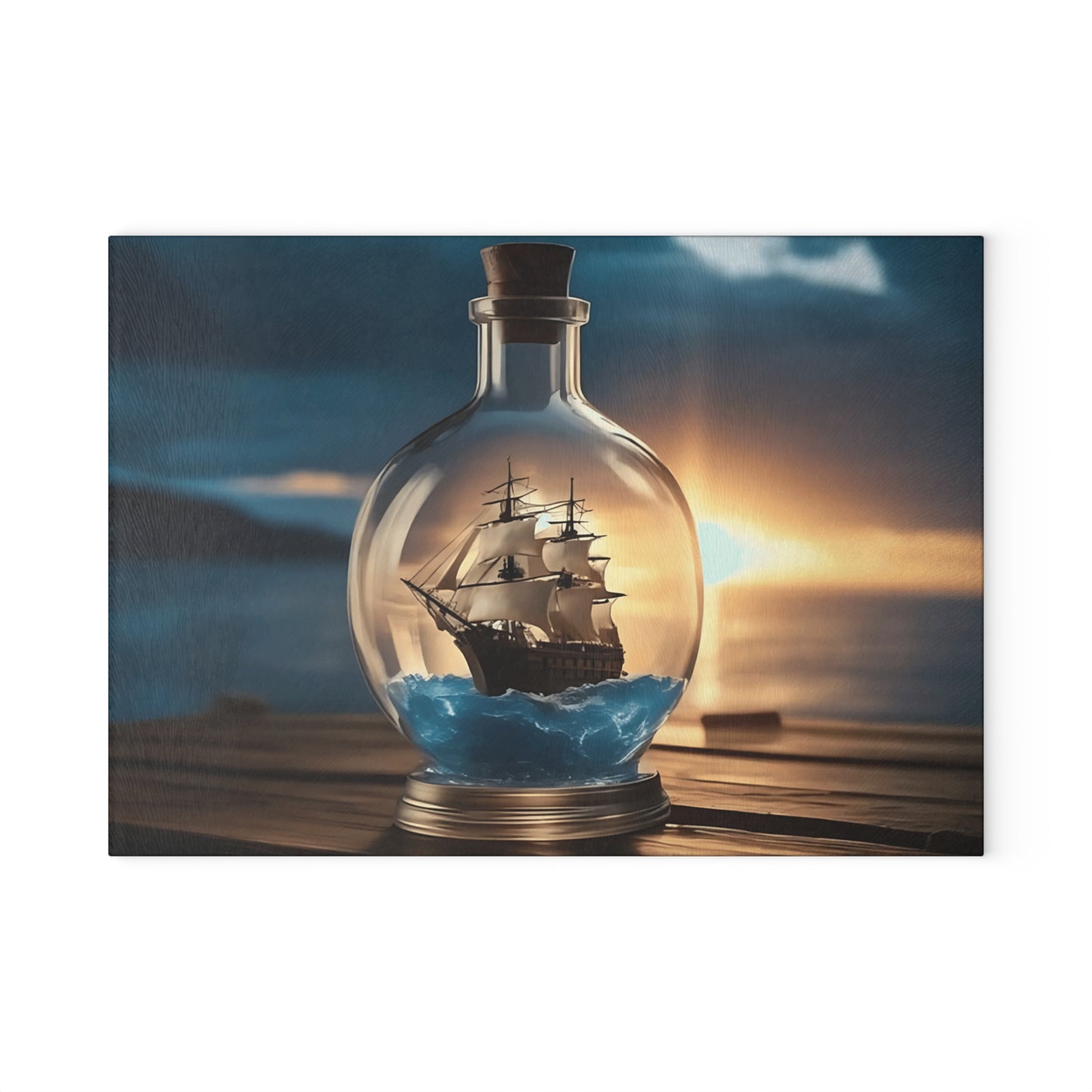 Tabla de cortar de vidrio templado con un barco antiguo en una botella: diseño de atardecer náutico