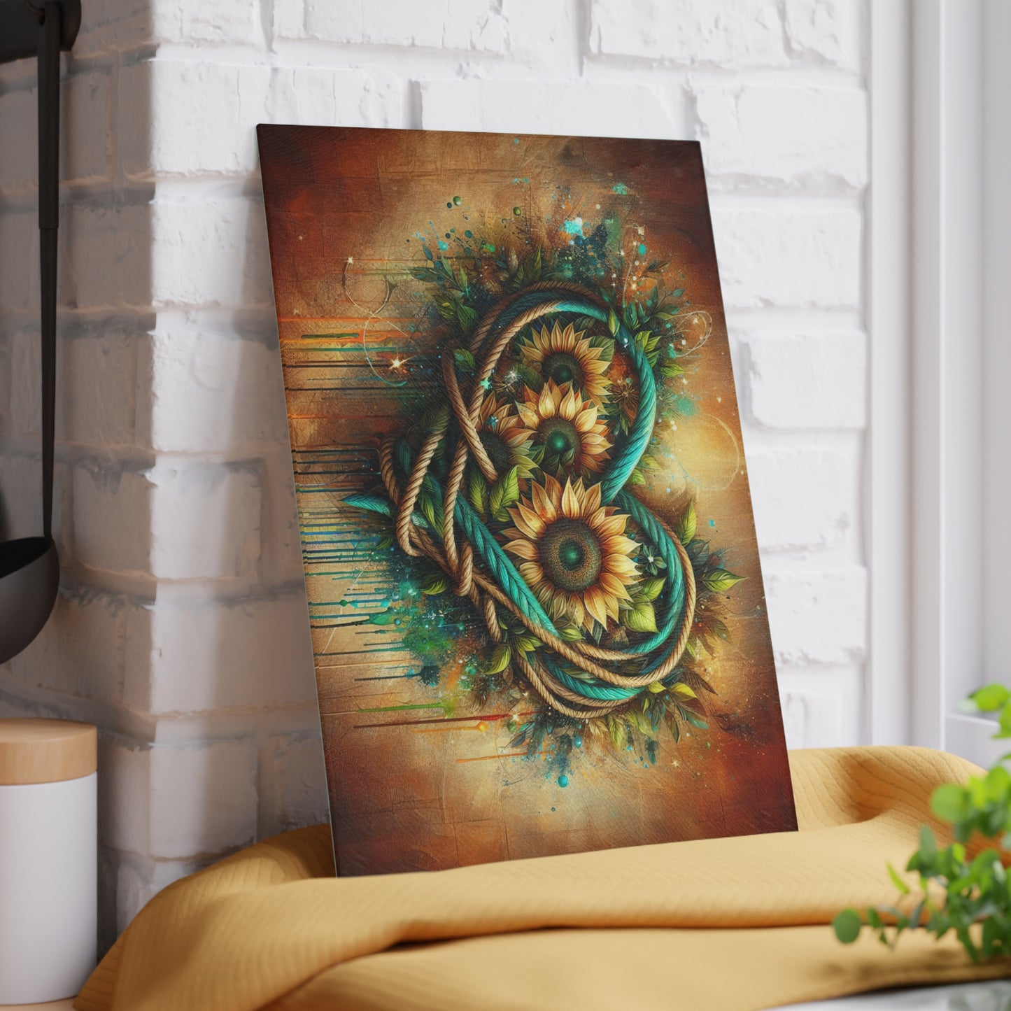 Sunflower Rope Heart Glass Cutting Board – Rustic Floral Love Kitchen Display