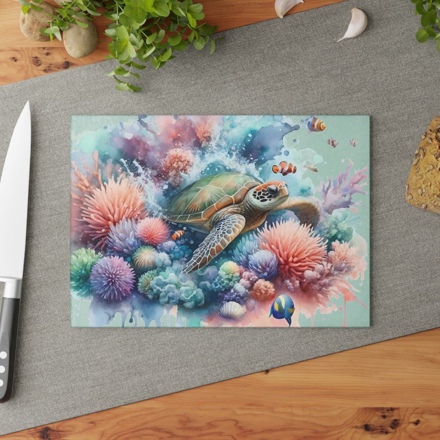 Pastel Coral Splash Sea Turtle Cutting Board – Tranquil Reef Elegance for Your Kitchen