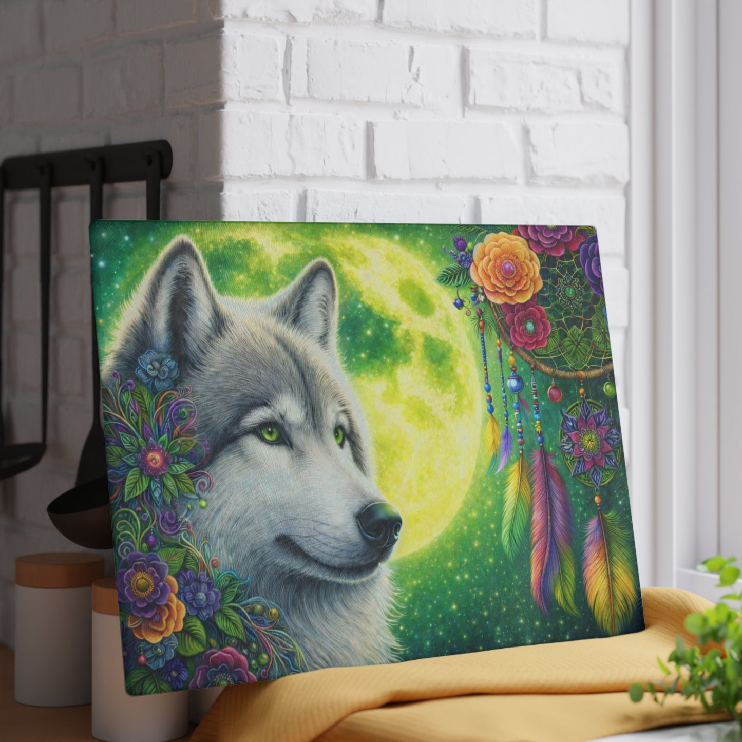 Moonlit Spirit Wolf Glass Cutting Board – Colorful Dreamcatcher Wildlife Kitchen Art