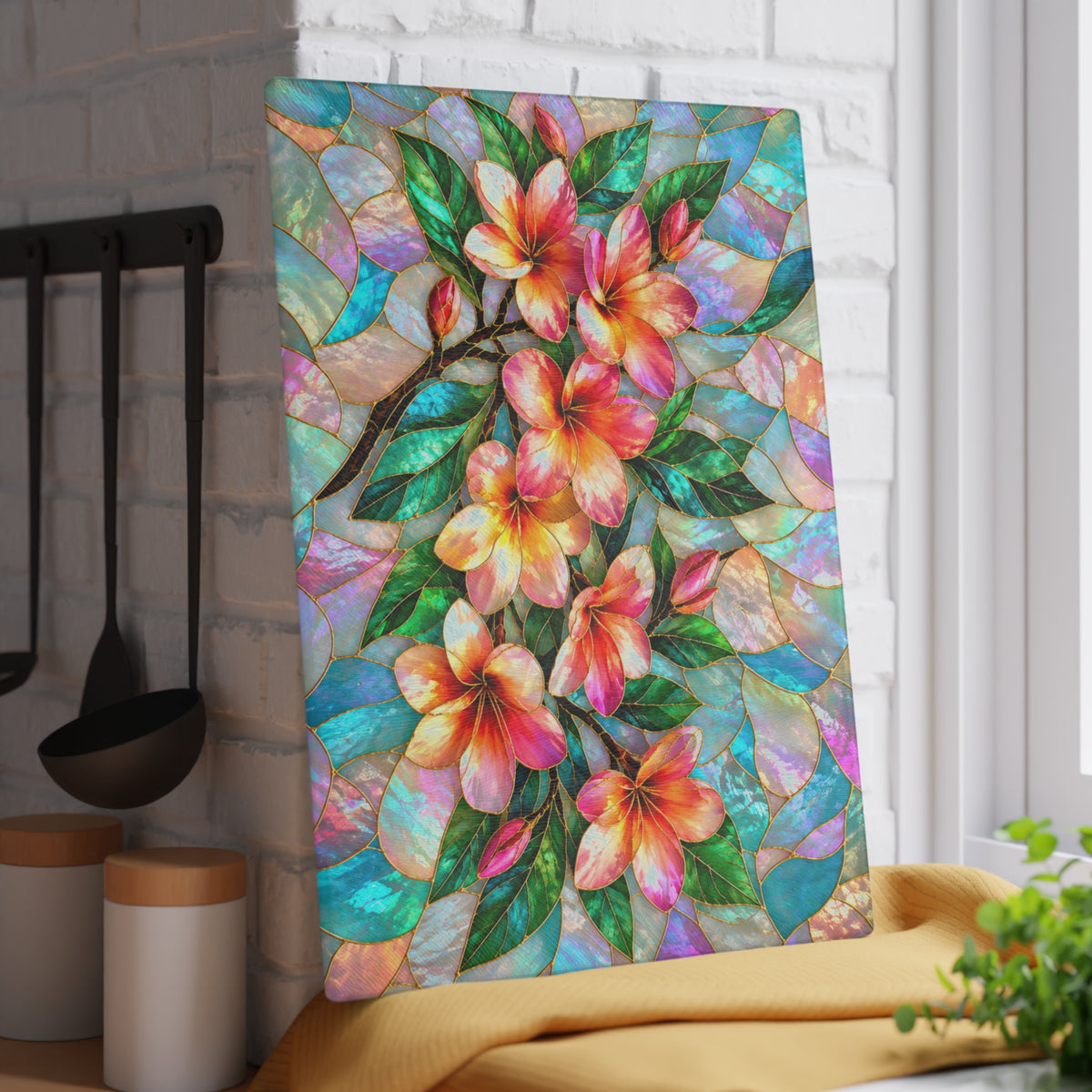 Stained-Glass-Inspired Tropical Plumeria Cutting Board – Pink & Golden Frangipani Flowers, Iridescent Mosaic Background & Botanical Kitchen Décor