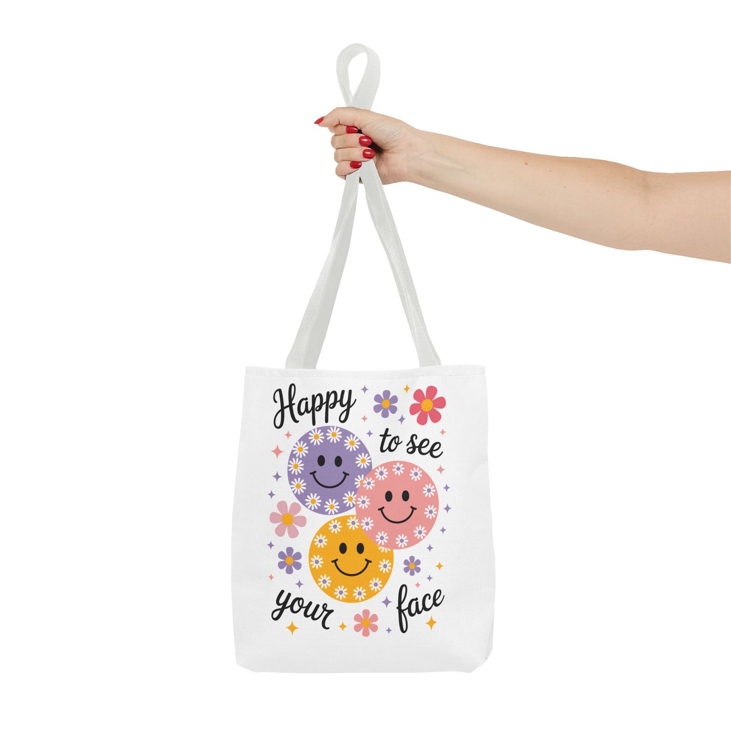 🌼 Happy Face Daisy Tote Bag – Retro Smiles with Floral Charm 🌸
