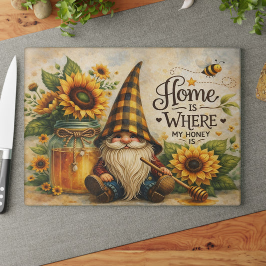 Sunflower Honey Gnome Glass Cutting Board – Cozy Farmhouse Kitchen Decor