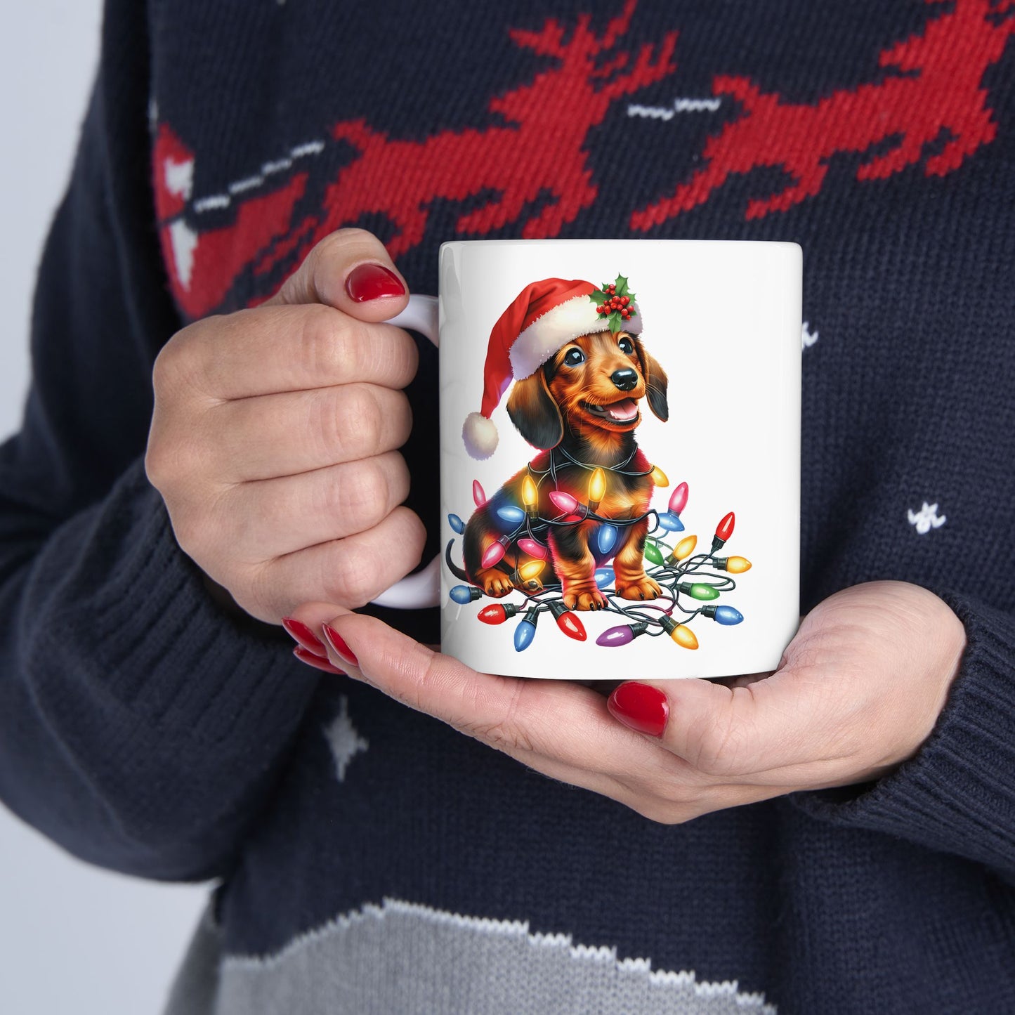 🎄 Dachshund Christmas Lights Mug – Festive Wiener Dog Cheer in Every Sip 🎁