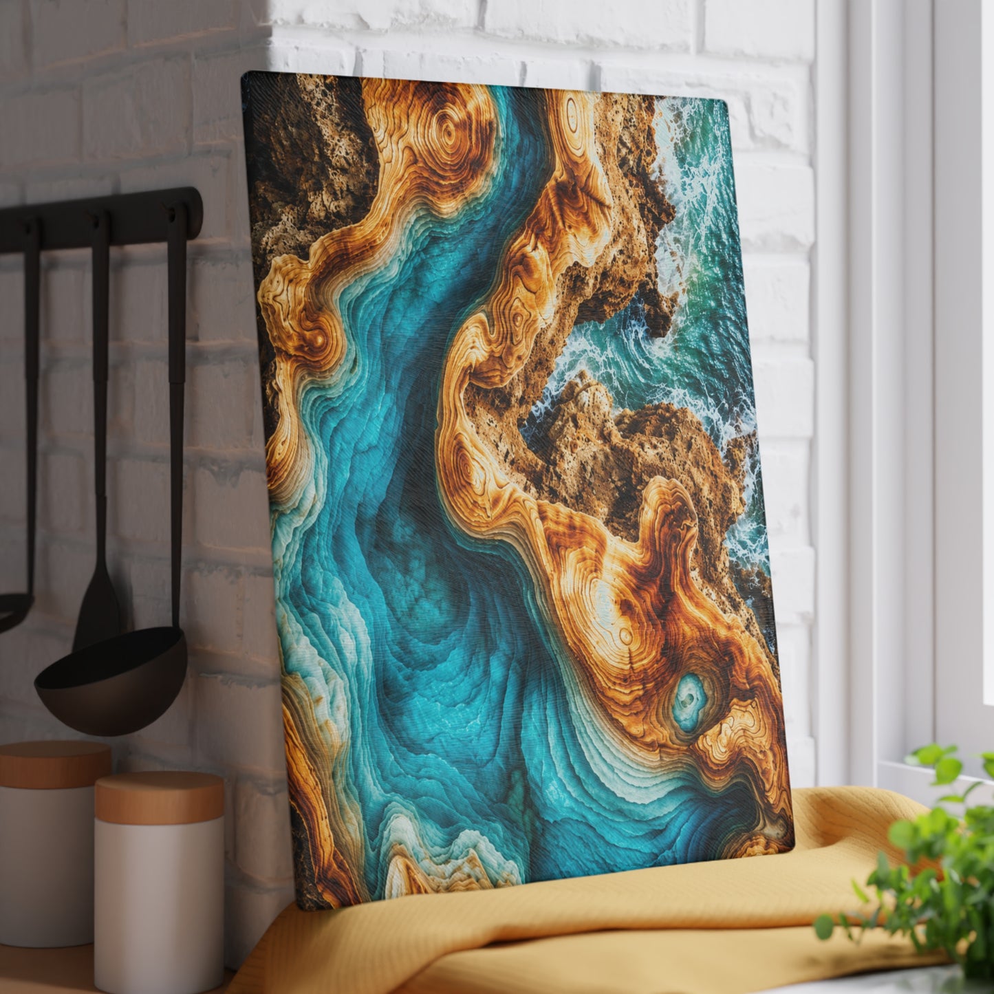 Coastal Ocean Resin-Style Abstract Glass Cutting Board – Turquoise Shoreline Artwork