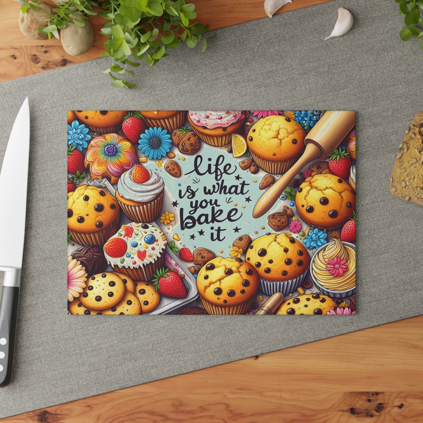 🍪 Life Is What You Bake It Cutting Board – Sweet Style for Your Kitchen 🧁