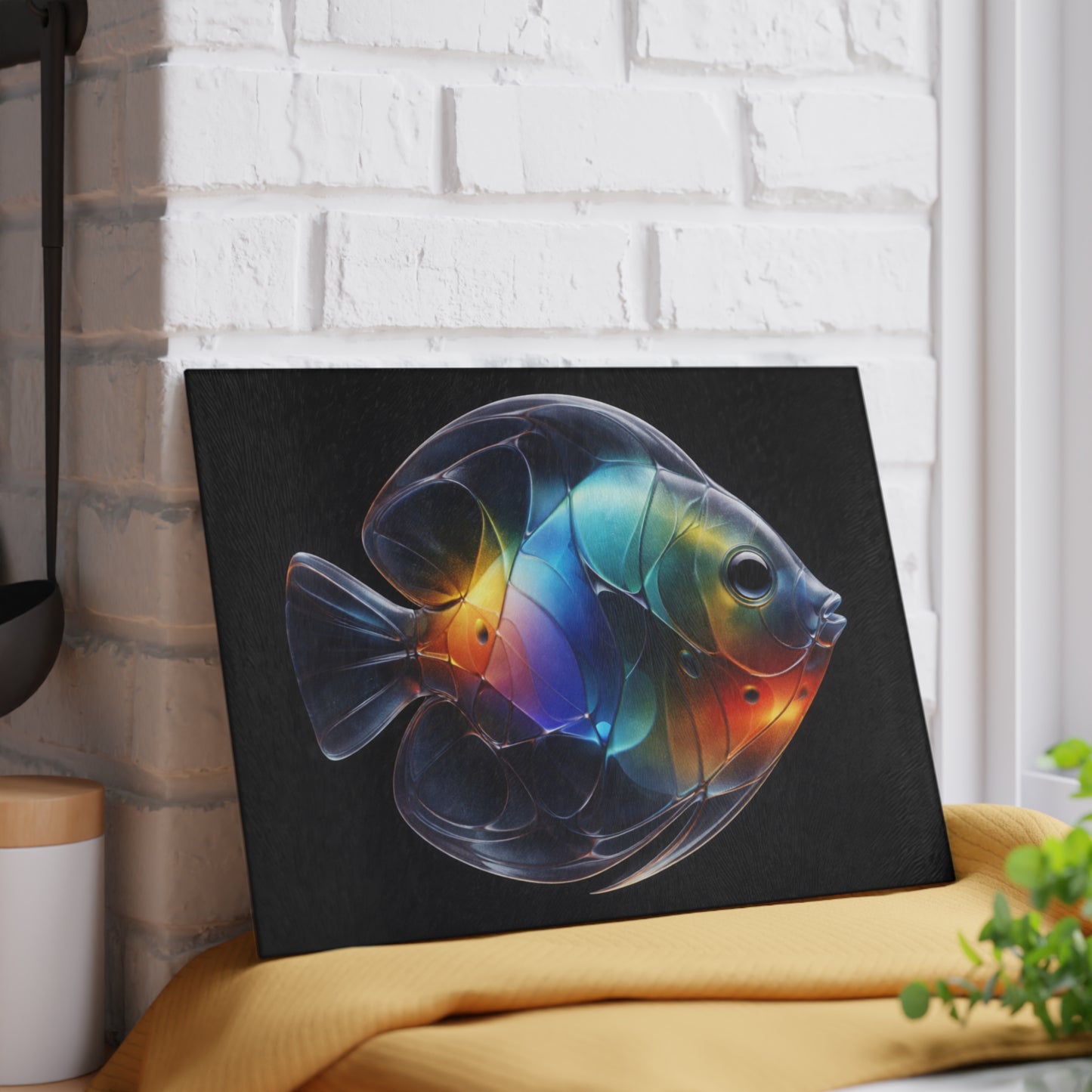 Rainbow Glow Glass Cutting Board – Stunning Discus Fish Artwork