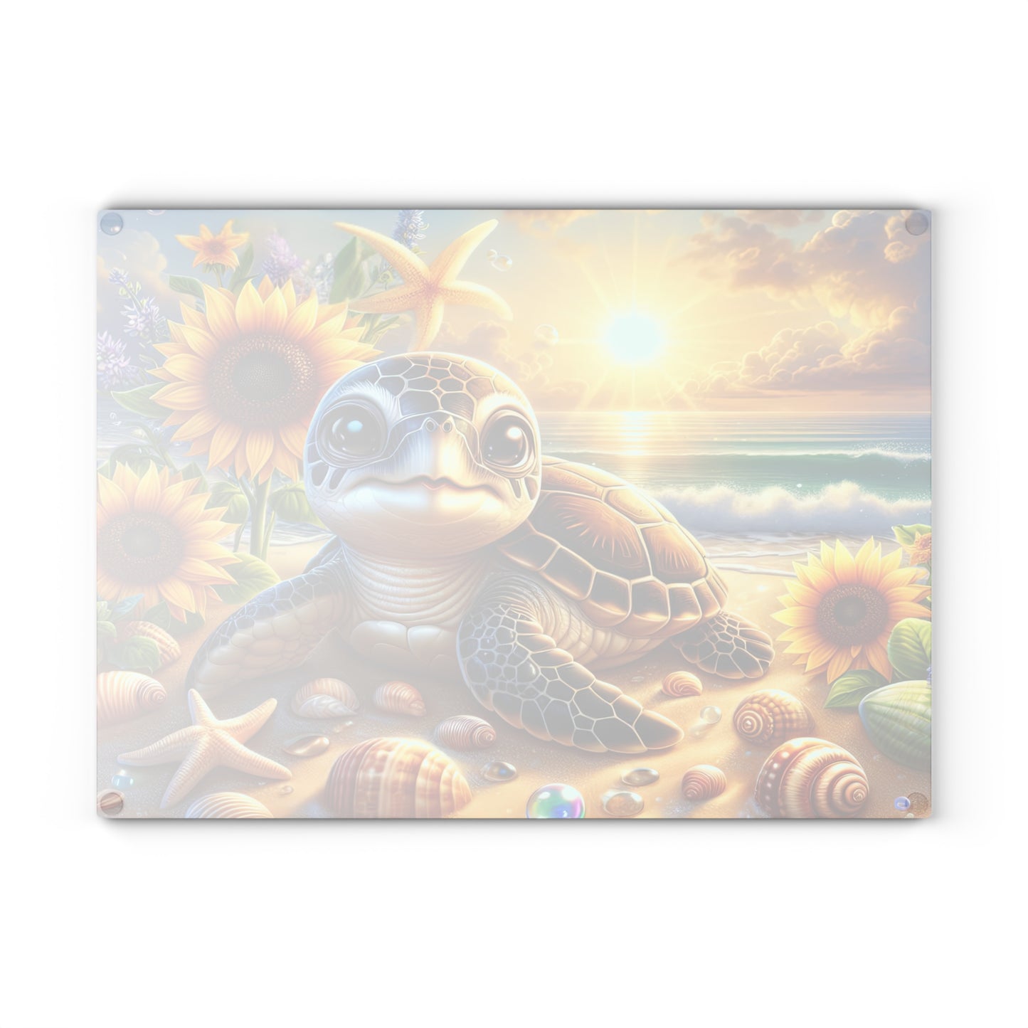 Sunny Shore Sea Turtle Glass Cutting Board – Coastal Beach Artwork with Sunflowers