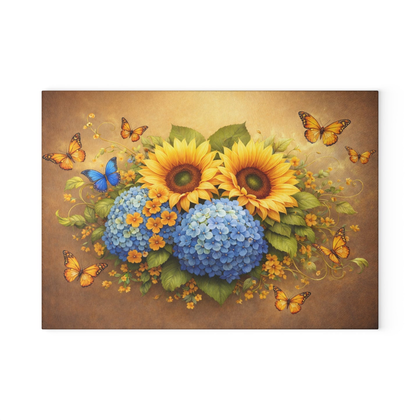 Sunflower & Hydrangea Butterfly Glass Cutting Board – Bright Floral Garden Kitchen Display
