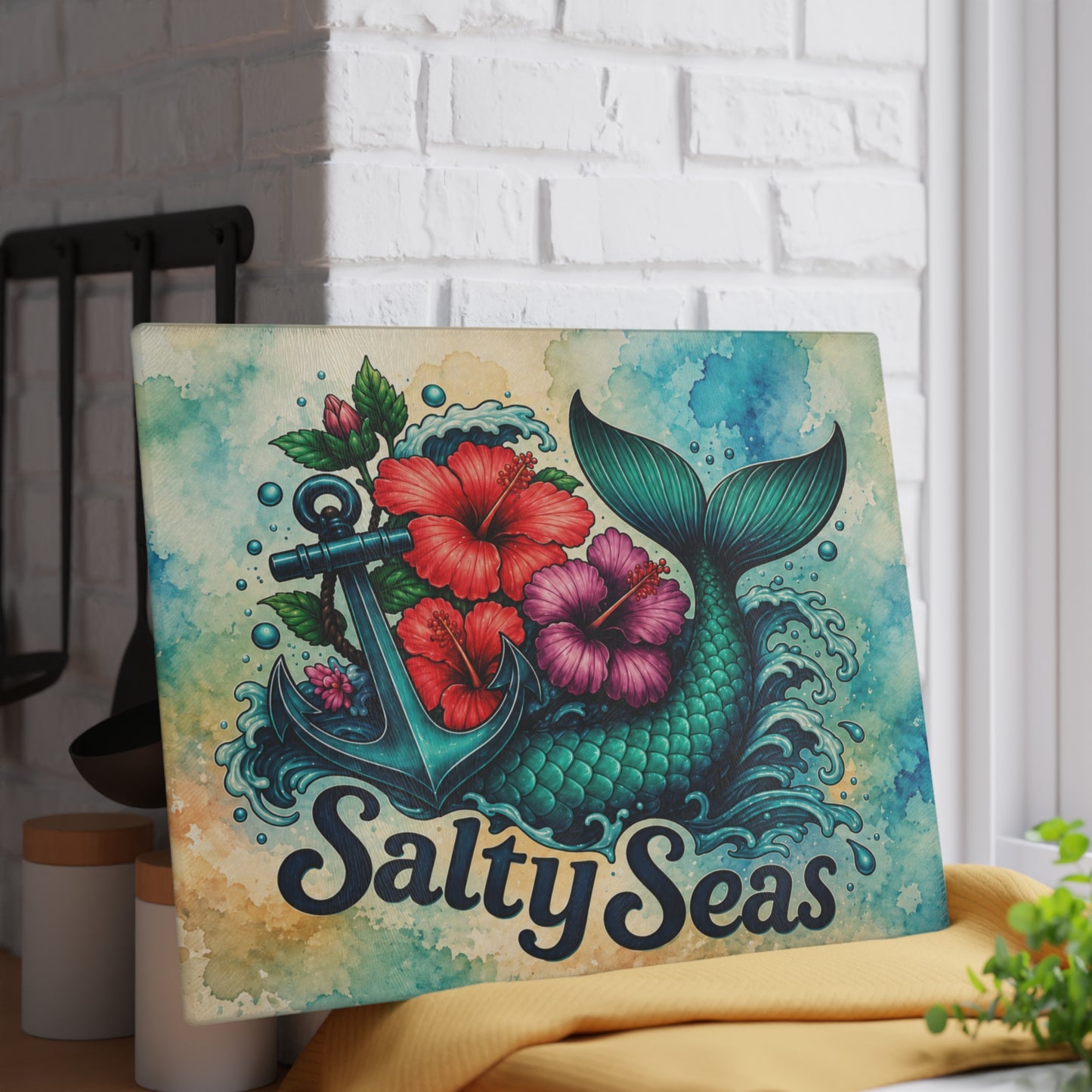Salty Seas Mermaid Tail Glass Cutting Board – Coastal Beach Kitchen Decor with Anchor & Tropical Flowers