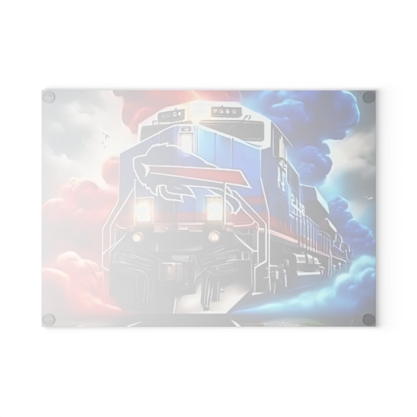Red & Navy Express Glass Cutting Board – Rugged Train Art for Bold, Classic Kitchens