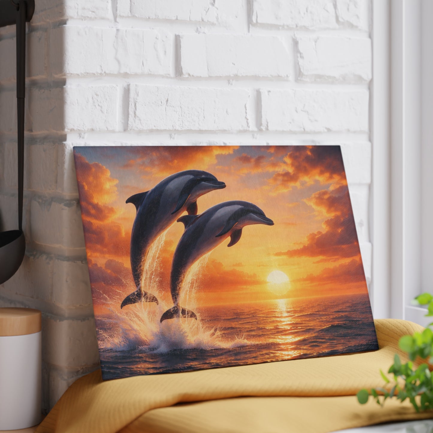 Dolphins at Sunset Glass Cutting Board – Peaceful Ocean Artwork with Golden Horizon