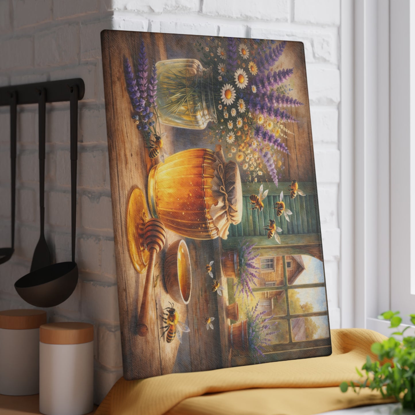 Golden Honey & Wildflowers Glass Cutting Board – Cozy Cottage Beekeeping Kitchen Art