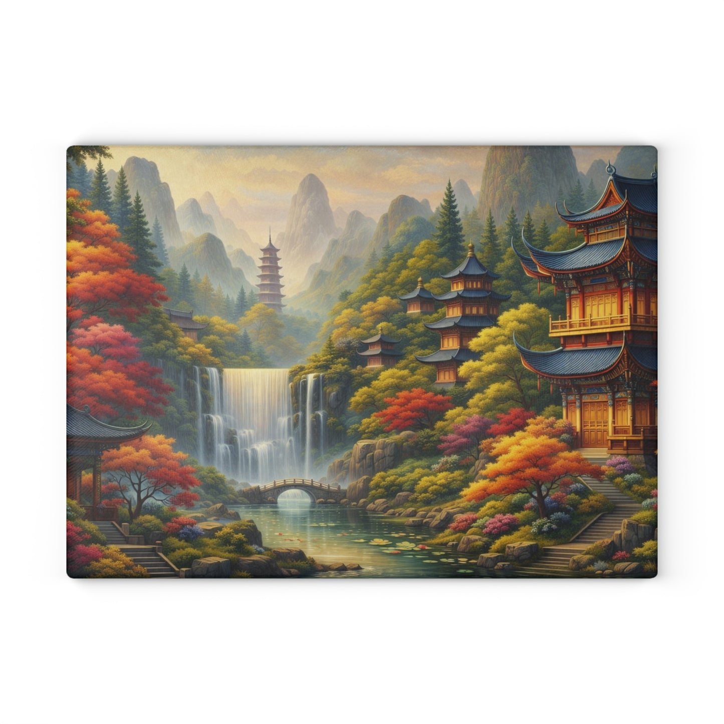 Asian Temple Garden Waterfall Glass Cutting Board – Serene Mountain Landscape Art