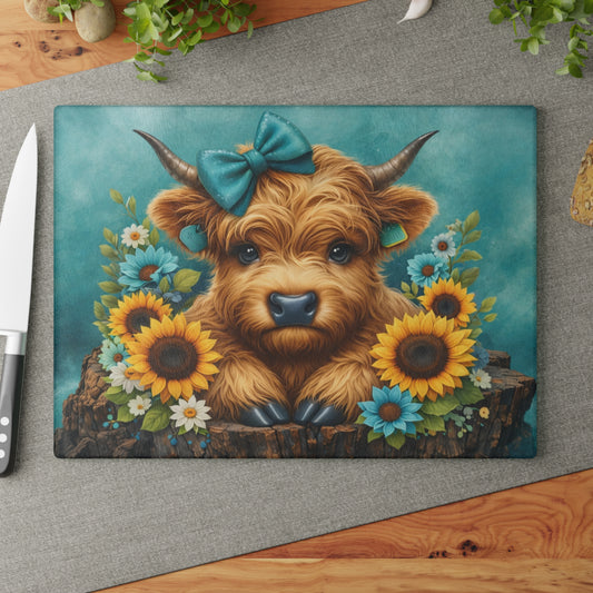 Teal Highland Calf Glass Cutting Board – Farmhouse Kitchen Decor
