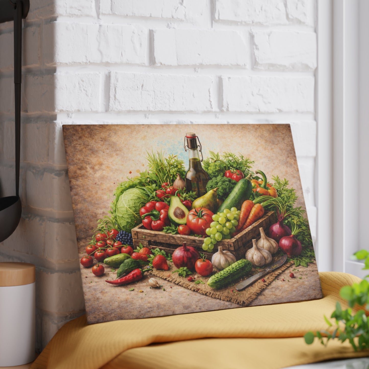 Farm Fresh Harvest Glass Cutting Board – Rustic Market Vegetable Kitchen Art