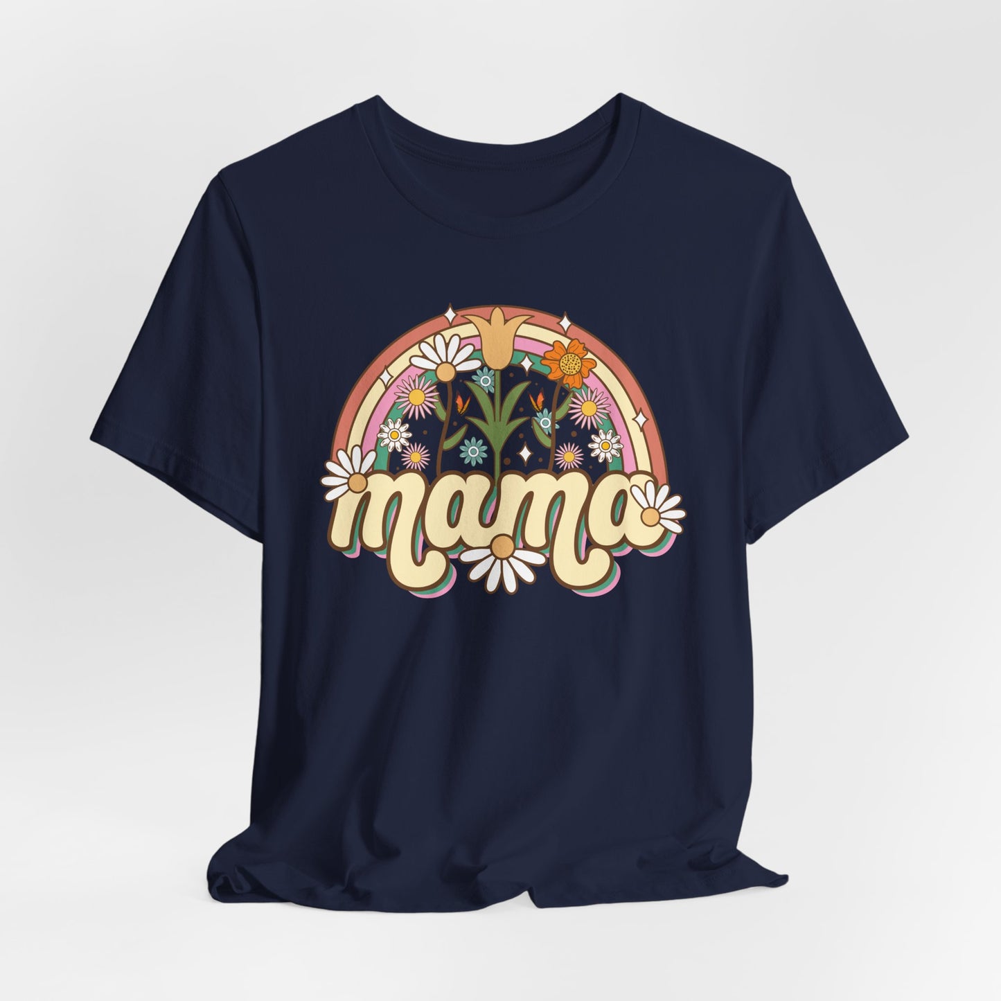 🌼🌈 Retro Floral Mama T-Shirt – Boho Rainbow Graphic Tee for Moms 🌻✨