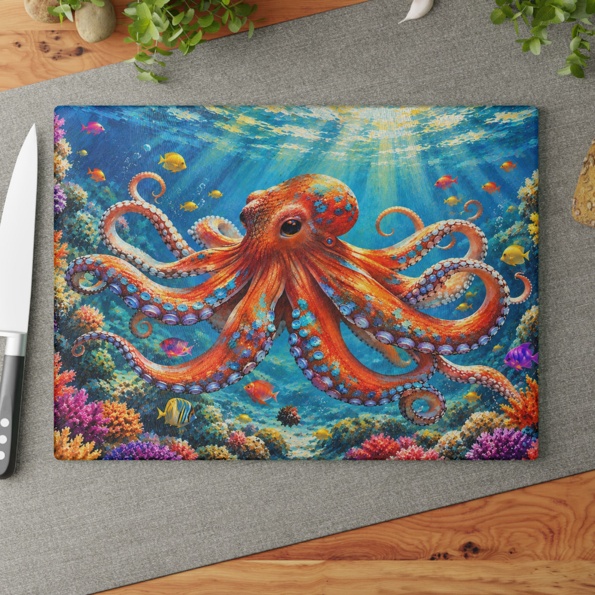 Colorful Octopus Underwater Ocean Glass Cutting Board