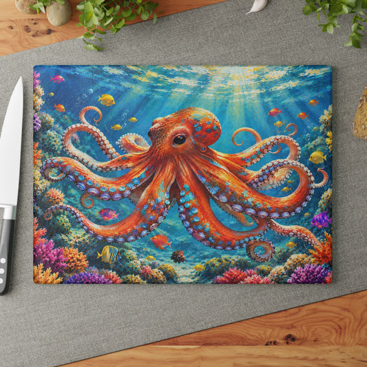 Colorful Octopus Underwater Ocean Glass Cutting Board