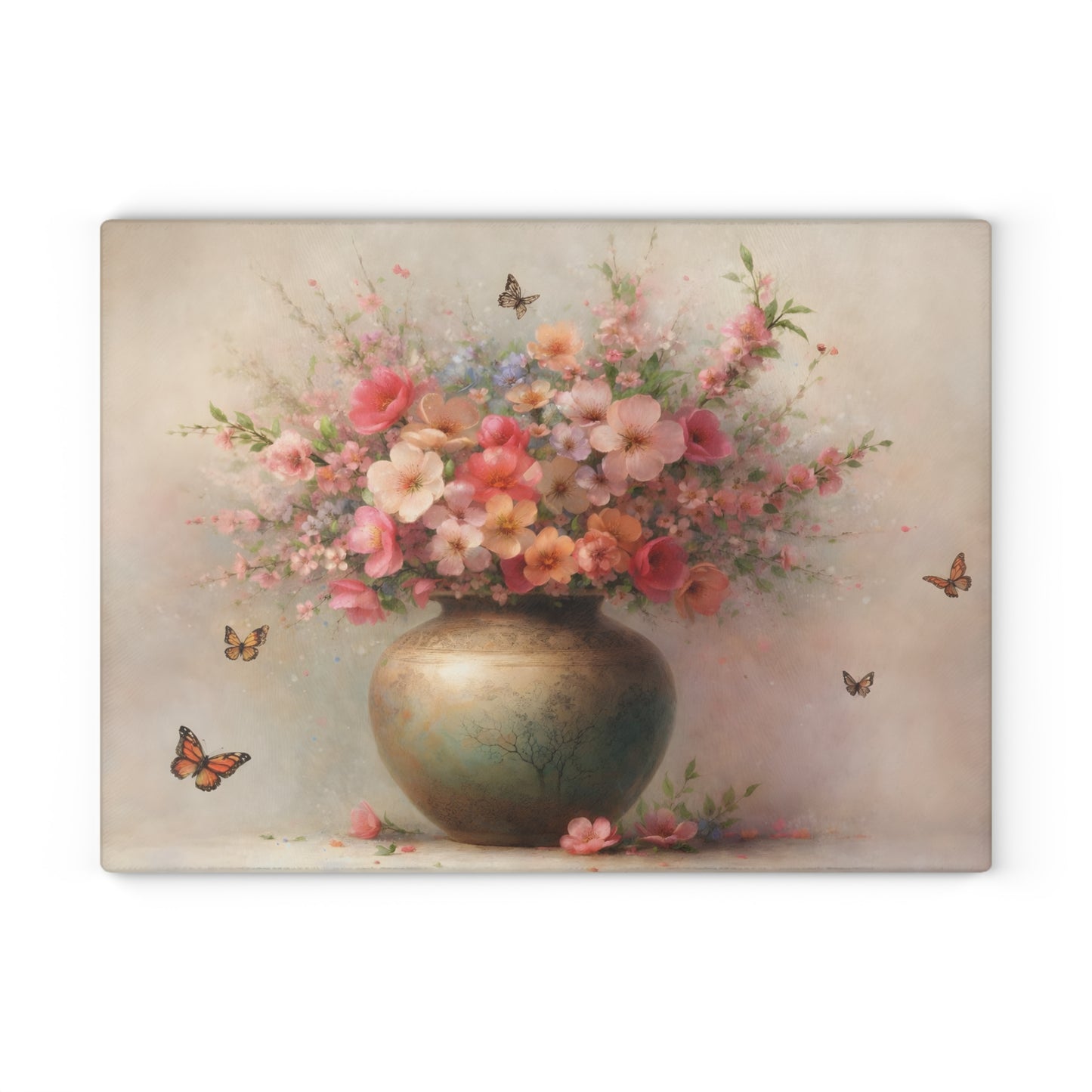 Blossoming Floral Vase with Butterflies Glass Cutting Board – Elegant Botanical Kitchen Art