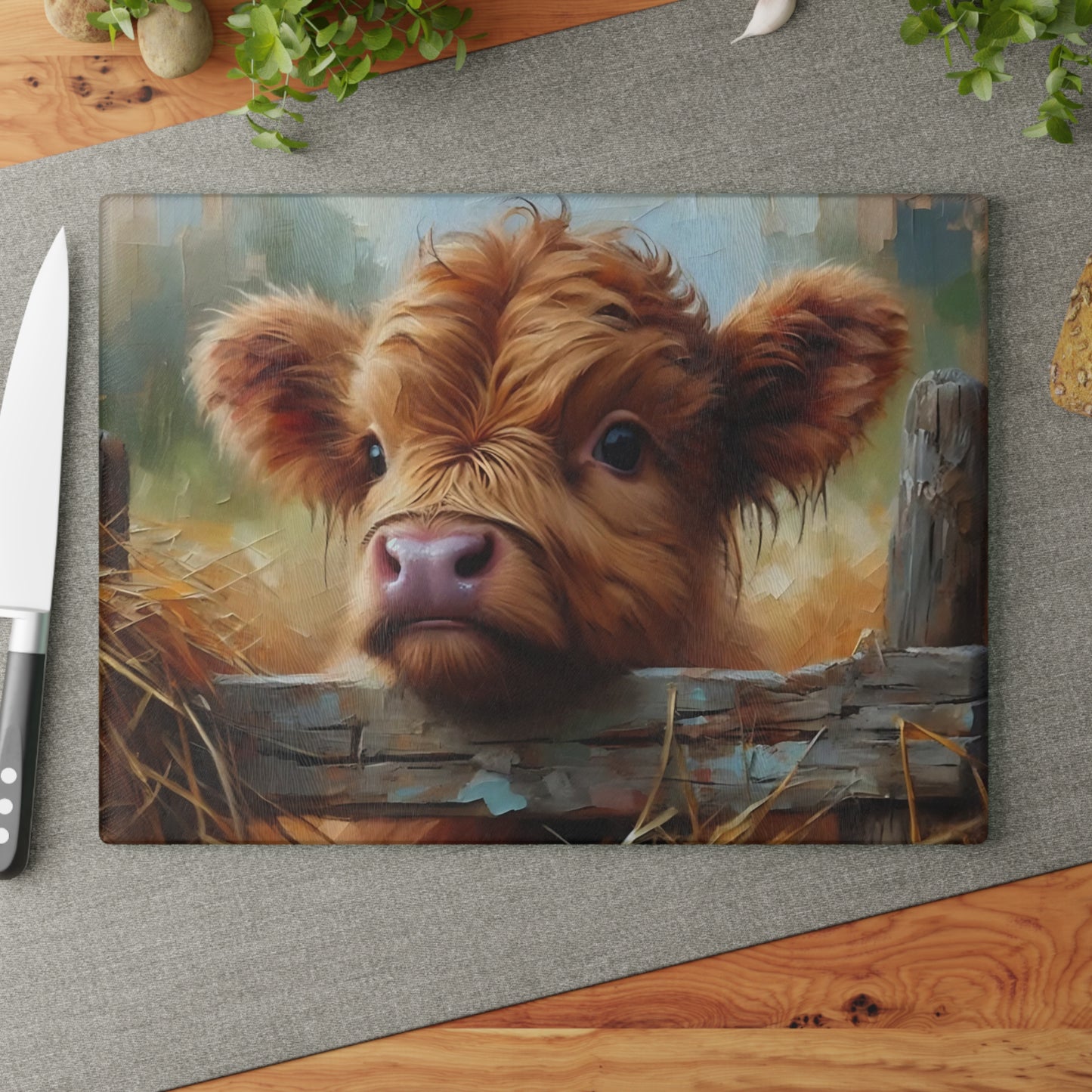 🐮🌾 Curious Highland Calf Cutting Board – Rustic Charm with Country Soul