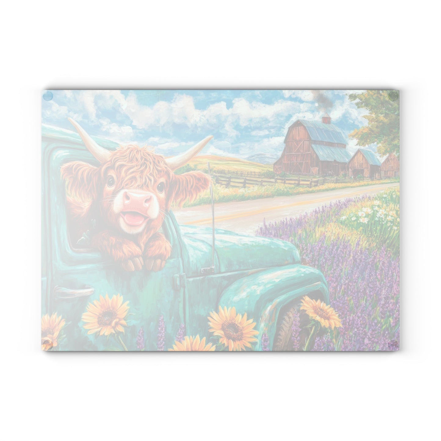 🚜🌻 Baby Highland Cow in Old Truck Glass Cutting Board – Rustic Farm Charm with Sunflowers & Barn 🌼