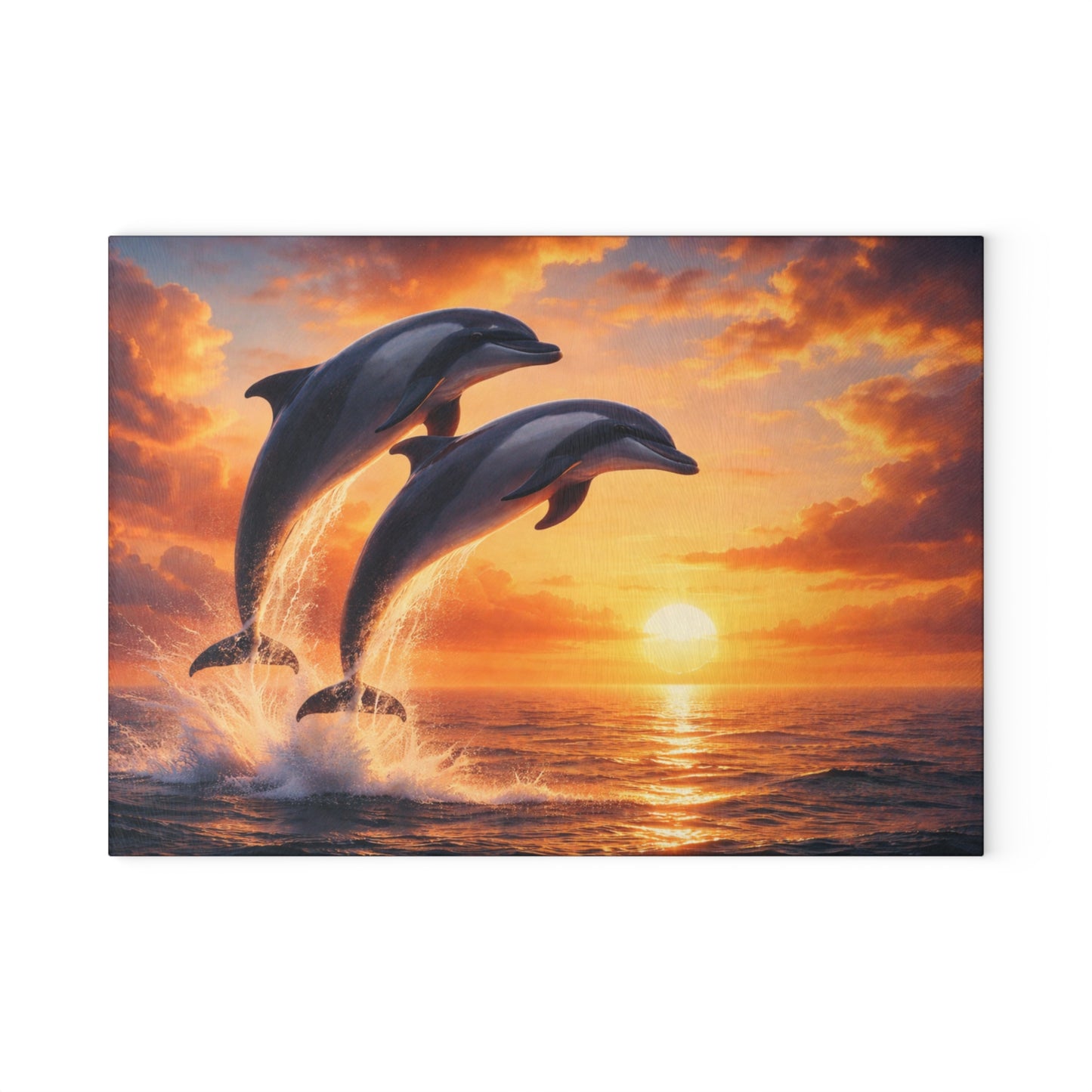 Dolphins at Sunset Glass Cutting Board – Peaceful Ocean Artwork with Golden Horizon