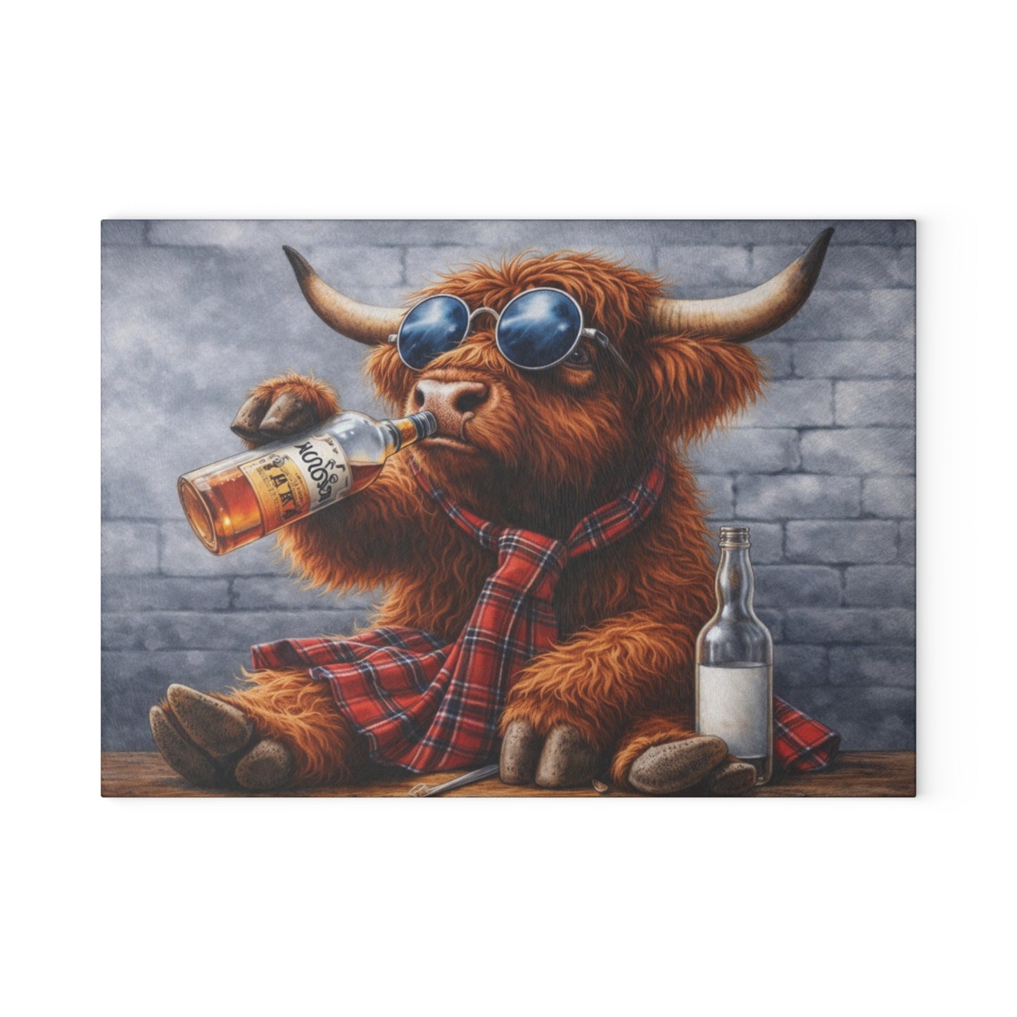 Cool Shades Highland Cow Glass Cutting Board – Playful Farm Bar Art with Bold Rustic Attitude