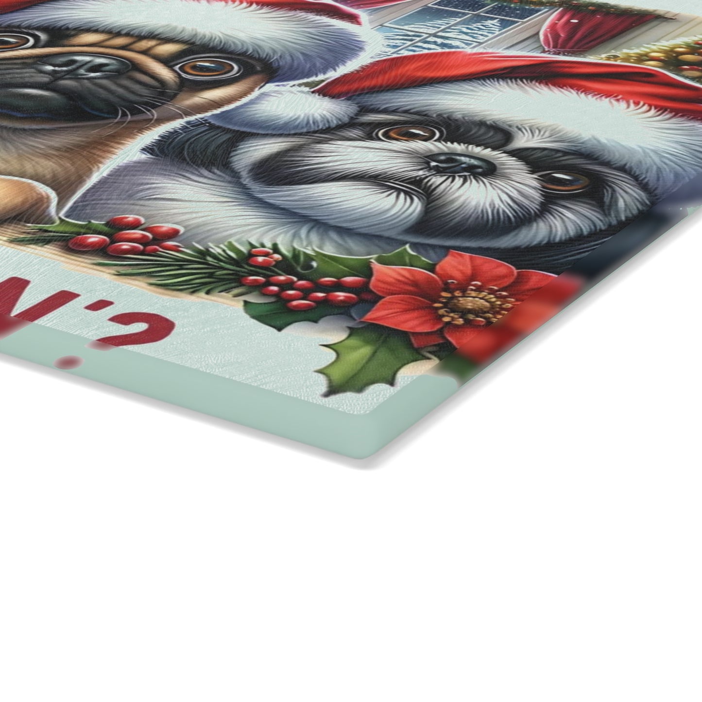 🐶🎄 “Whatcha Makin’?” Holiday Dogs Glass Cutting Board – Cozy Charm for Your Kitchen