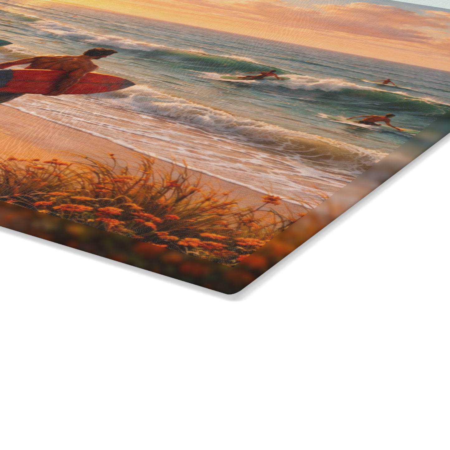 Golden Hour Surf Coast Glass Cutting Board – Coastal Sunset Ocean Kitchen Decor