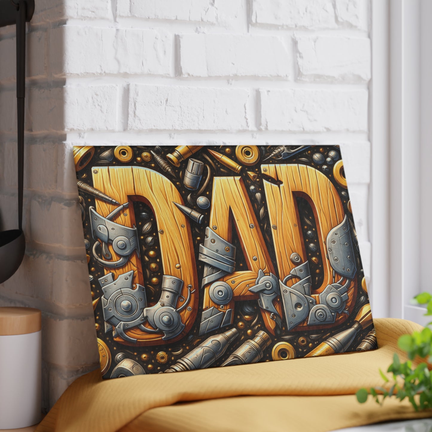 Dad Workshop Tribute Glass Cutting Board – Rustic Father’s Day Tool Art