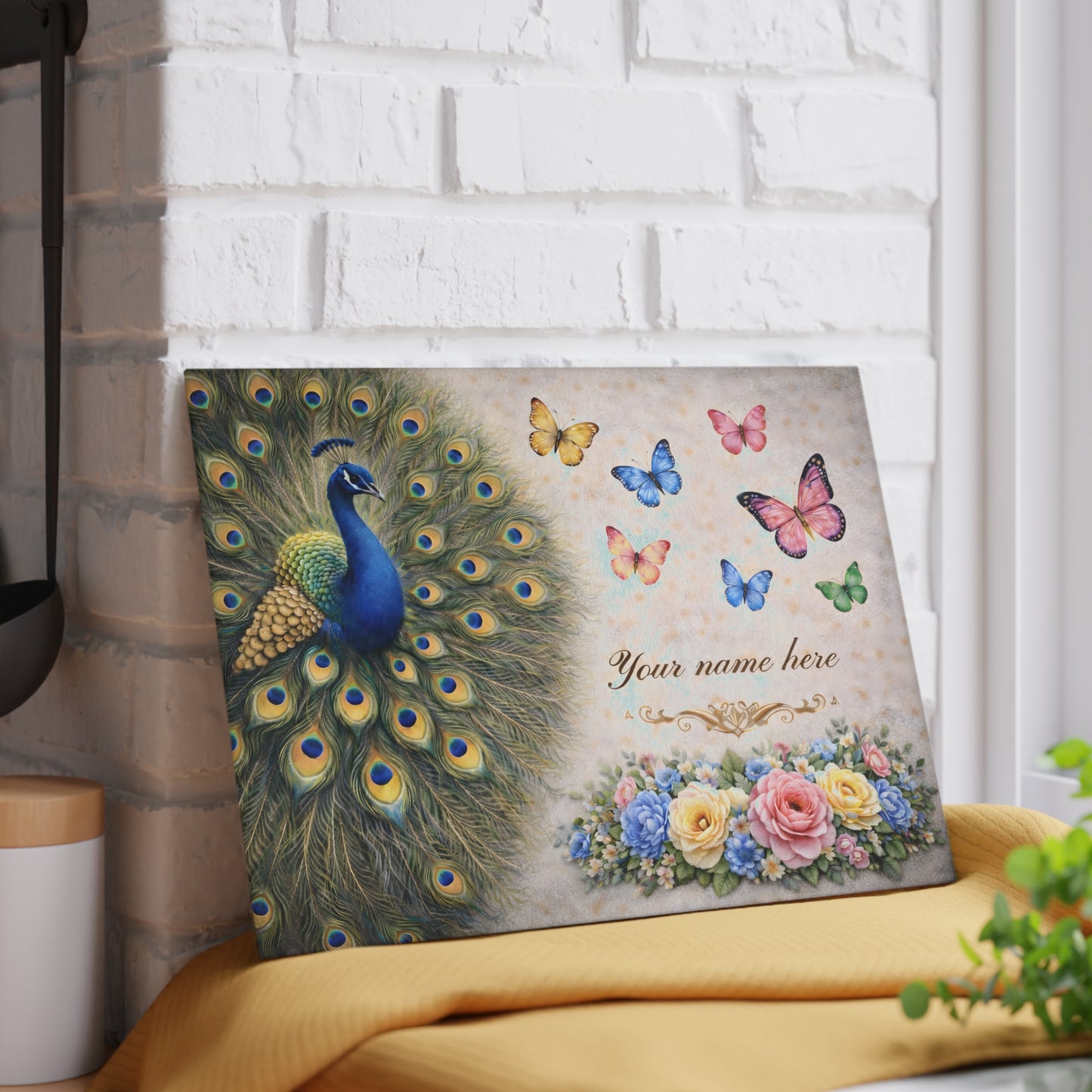 Personalized Peacock Glass Cutting Board – Elegant Butterfly & Floral Kitchen Display